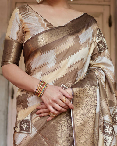 Pure Silk Digitally Printed Saree Weaved With Golden Zari Comes With Tassels