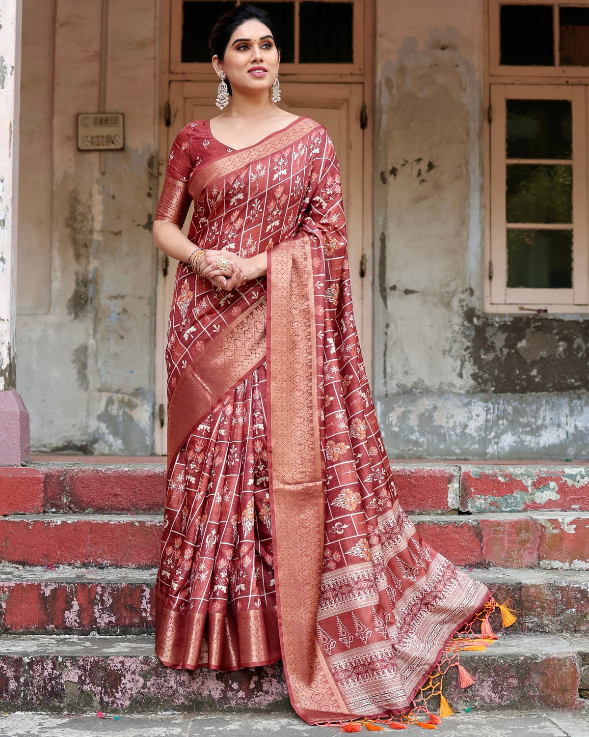 Pure Silk Digitally Printed Saree Weaved With Golden Zari Comes With Tassels