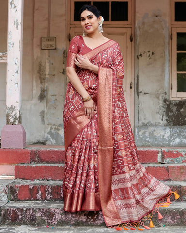 Pure Silk Digitally Printed Saree Weaved With Golden Zari Comes With Tassels