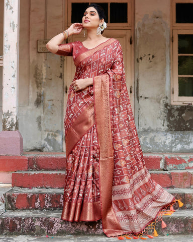 Pure Silk Digitally Printed Saree Weaved With Golden Zari Comes With Tassels