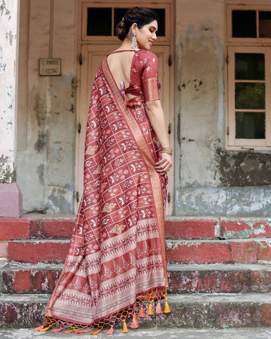 Pure Silk Digitally Printed Saree Weaved With Golden Zari Comes With Tassels