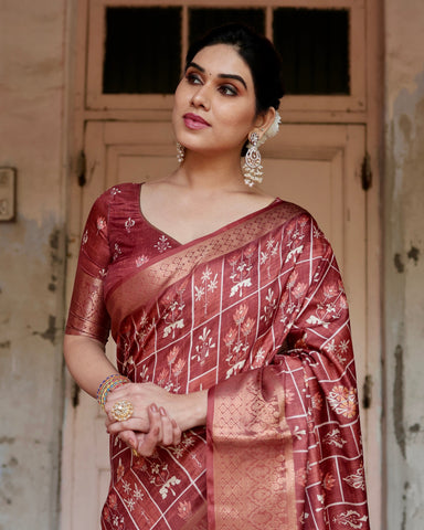 Pure Silk Digitally Printed Saree Weaved With Golden Zari Comes With Tassels