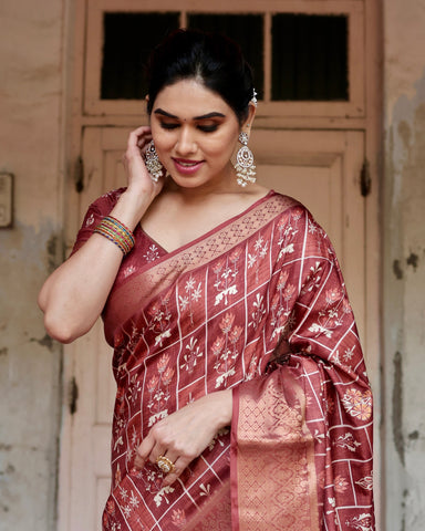 Pure Silk Digitally Printed Saree Weaved With Golden Zari Comes With Tassels