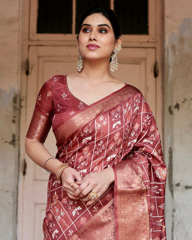 Pure Silk Digitally Printed Saree Weaved With Golden Zari Comes With Tassels