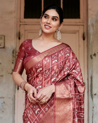 Pure Silk Digitally Printed Saree Weaved With Golden Zari Comes With Tassels