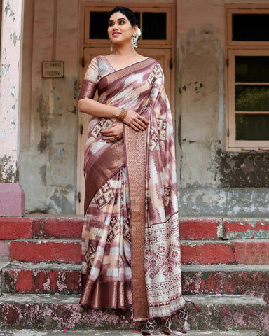 Pure Silk Digitally Printed Saree Weaved With Golden Zari Comes With Tassels