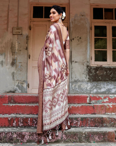 Pure Silk Digitally Printed Saree Weaved With Golden Zari Comes With Tassels