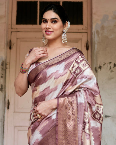 Pure Silk Digitally Printed Saree Weaved With Golden Zari Comes With Tassels