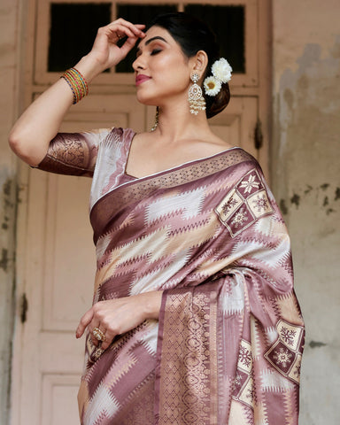 Pure Silk Digitally Printed Saree Weaved With Golden Zari Comes With Tassels