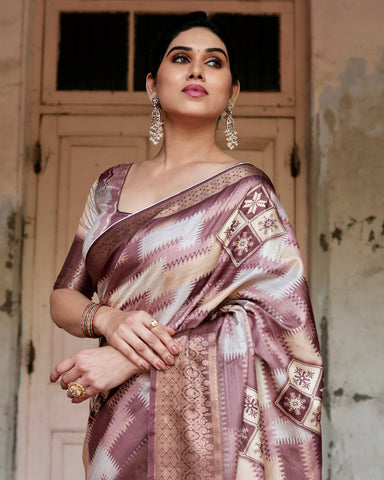 Pure Silk Digitally Printed Saree Weaved With Golden Zari Comes With Tassels