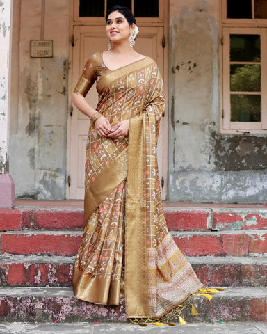 Pure Silk Digitally Printed Saree Weaved With Golden Zari Comes With Tassels