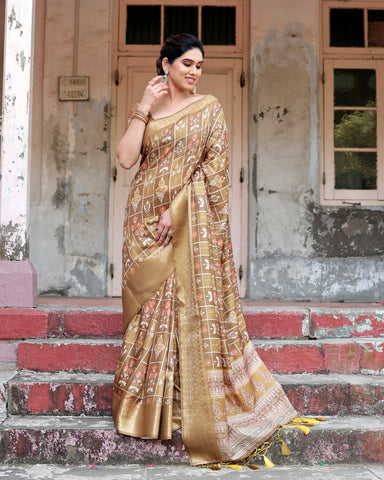 Pure Silk Digitally Printed Saree Weaved With Golden Zari Comes With Tassels