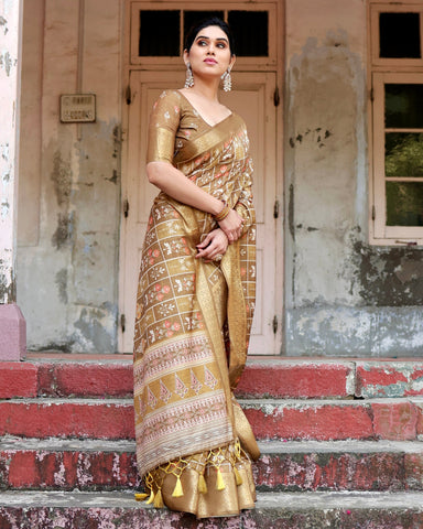 Pure Silk Digitally Printed Saree Weaved With Golden Zari Comes With Tassels