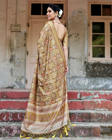 Pure Silk Digitally Printed Saree Weaved With Golden Zari Comes With Tassels