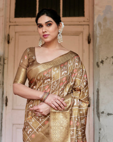 Pure Silk Digitally Printed Saree Weaved With Golden Zari Comes With Tassels