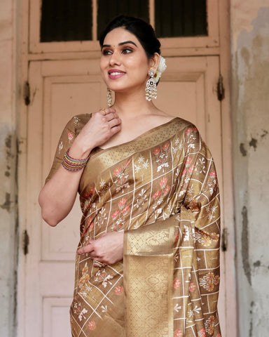 Pure Silk Digitally Printed Saree Weaved With Golden Zari Comes With Tassels