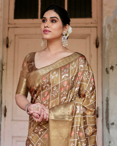 Pure Silk Digitally Printed Saree Weaved With Golden Zari Comes With Tassels