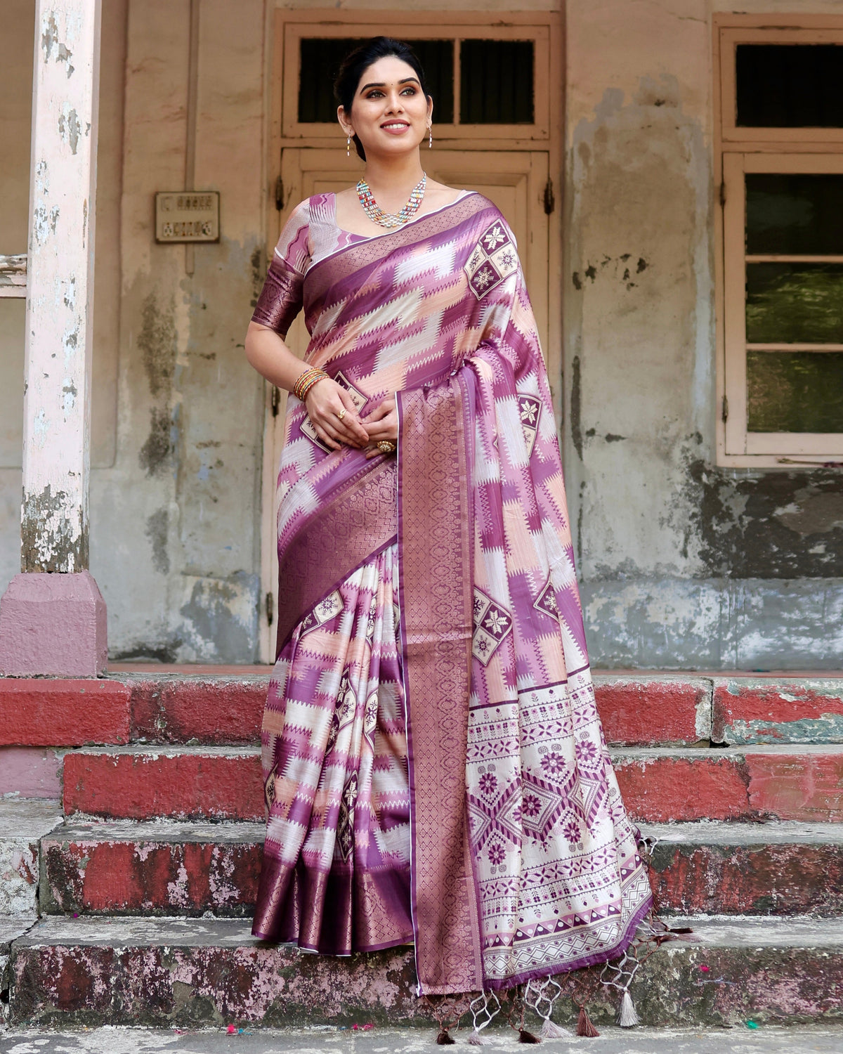 Pure Silk Digitally Printed Saree Weaved With Golden Zari Comes With Tassels