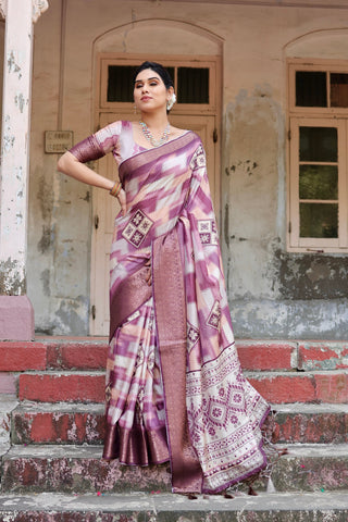 Pure Silk Digitally Printed Saree Weaved With Golden Zari Comes With Tassels