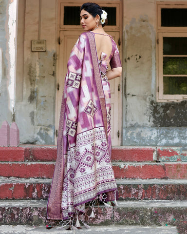 Pure Silk Digitally Printed Saree Weaved With Golden Zari Comes With Tassels