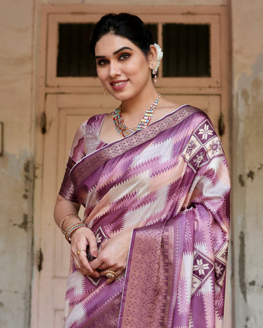 Pure Silk Digitally Printed Saree Weaved With Golden Zari Comes With Tassels