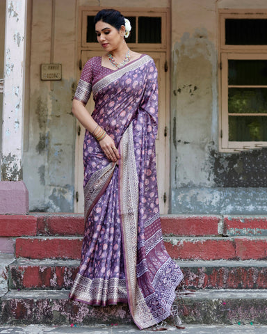 Pure Silk Digitally Printed Saree Weaved With Golden Zari Comes With Tassels