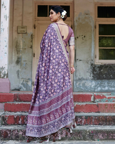 Pure Silk Digitally Printed Saree Weaved With Golden Zari Comes With Tassels