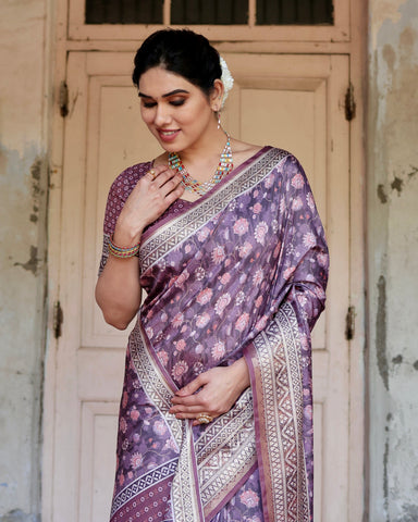 Pure Silk Digitally Printed Saree Weaved With Golden Zari Comes With Tassels