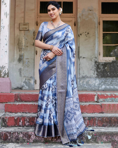 Pure Silk Digitally Printed Saree Weaved With Golden Zari Comes With Tassels