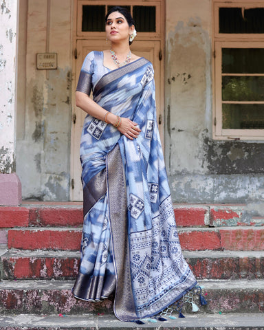 Pure Silk Digitally Printed Saree Weaved With Golden Zari Comes With Tassels