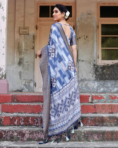 Pure Silk Digitally Printed Saree Weaved With Golden Zari Comes With Tassels