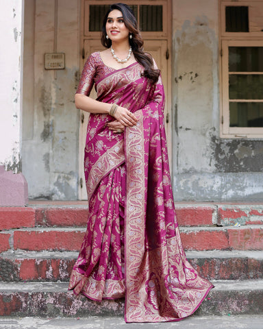 Pure Silk Saree Weaved With Zari Comes With Heavy Banarasi Brocade Blouse