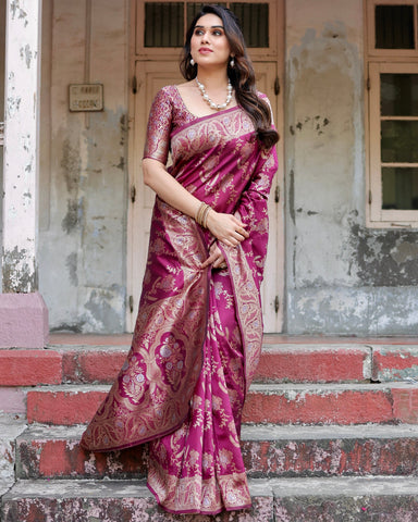 Pure Silk Saree Weaved With Zari Comes With Heavy Banarasi Brocade Blouse