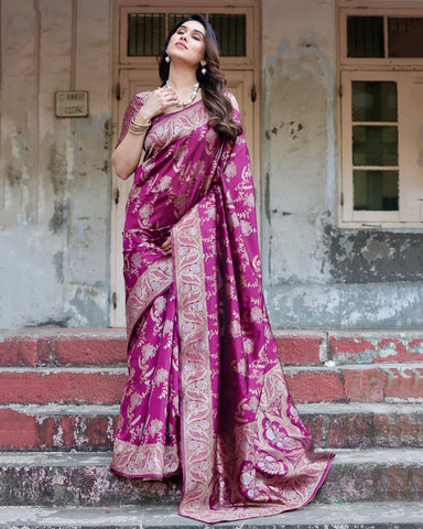 Pure Silk Saree Weaved With Zari Comes With Heavy Banarasi Brocade Blouse