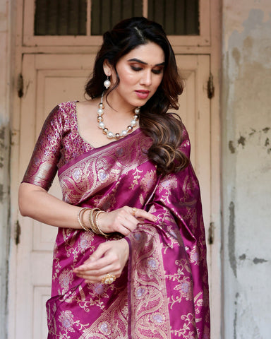 Pure Silk Saree Weaved With Zari Comes With Heavy Banarasi Brocade Blouse