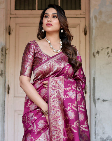 Pure Silk Saree Weaved With Zari Comes With Heavy Banarasi Brocade Blouse