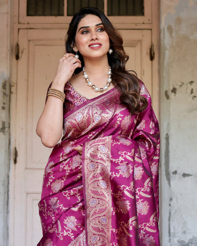 Pure Silk Saree Weaved With Zari Comes With Heavy Banarasi Brocade Blouse