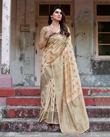 Pure Silk Saree Weaved With Zari Comes With Heavy Banarasi Brocade Blouse