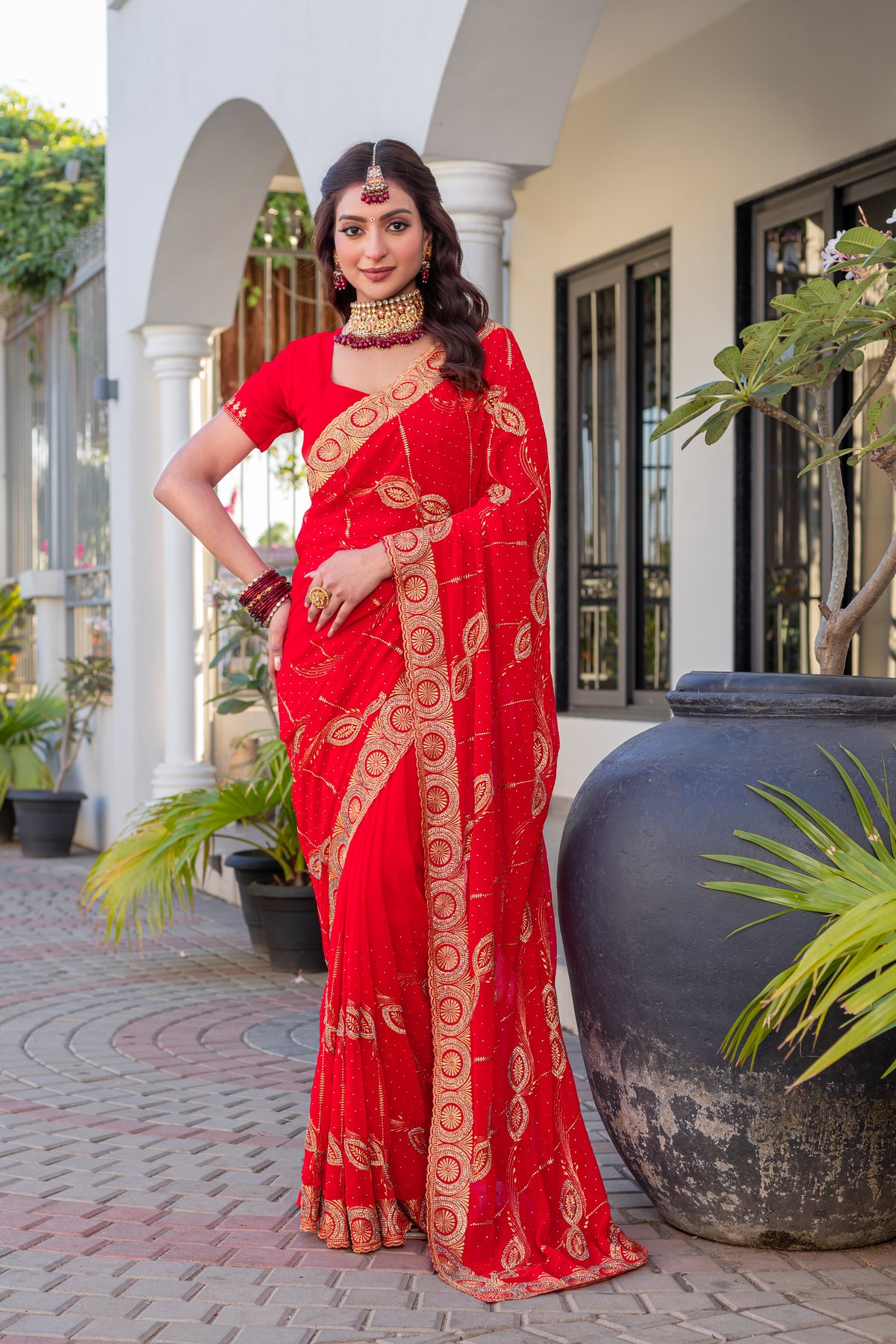 Heavy Embroidered  & Heavy Zarkan Diamond Work Pure Red Color Premium Blooming Silk Saree