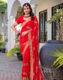 Heavy Embroidered  & Heavy Zarkan Diamond Work Pure Red Color Premium Blooming Silk Saree