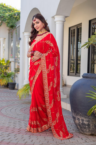 Heavy Embroidered  & Heavy Zarkan Diamond Work Pure Red Color Premium Blooming Silk Saree