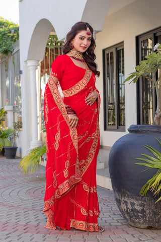 Heavy Embroidered  & Heavy Zarkan Diamond Work Pure Red Color Premium Blooming Silk Saree