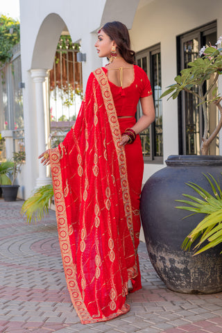 Heavy Embroidered  & Heavy Zarkan Diamond Work Pure Red Color Premium Blooming Silk Saree