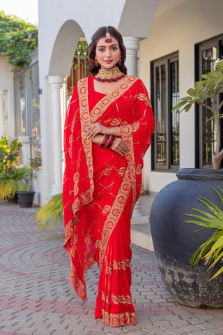 Heavy Embroidered  & Heavy Zarkan Diamond Work Pure Red Color Premium Blooming Silk Saree