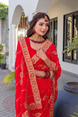 Heavy Embroidered  & Heavy Zarkan Diamond Work Pure Red Color Premium Blooming Silk Saree