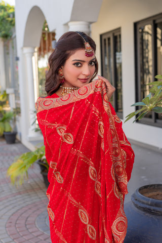 Heavy Embroidered  & Heavy Zarkan Diamond Work Pure Red Color Premium Blooming Silk Saree