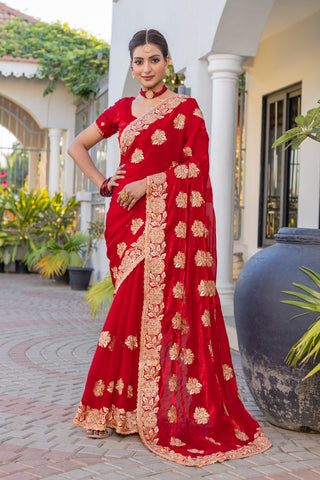 Heavy Embroidered  & Heavy Zarkan Diamond Work Royal Red Color Premium Fendy Silk Saree