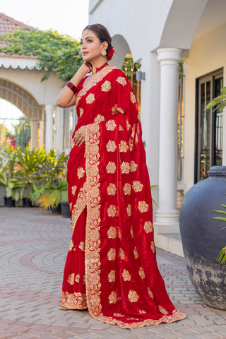 Heavy Embroidered  & Heavy Zarkan Diamond Work Royal Red Color Premium Fendy Silk Saree