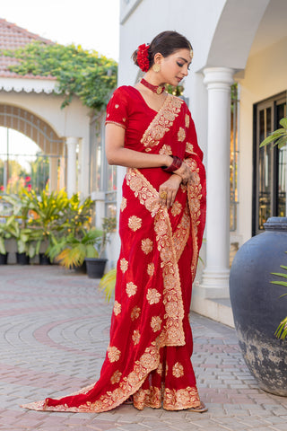 Heavy Embroidered  & Heavy Zarkan Diamond Work Royal Red Color Premium Fendy Silk Saree