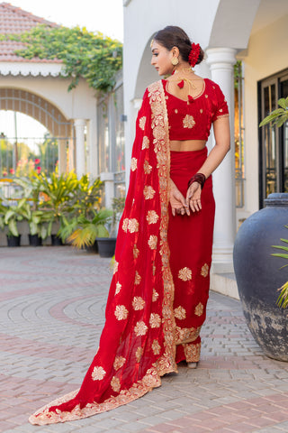 Heavy Embroidered  & Heavy Zarkan Diamond Work Royal Red Color Premium Fendy Silk Saree